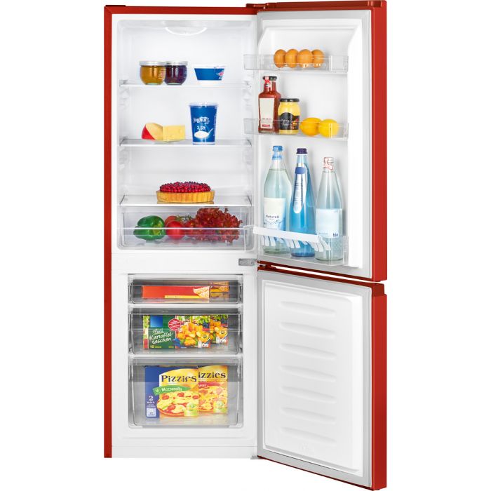 Frigider Bomann, KG 320.2, congelator 53 l, volum 175 litri, H 143 cm, consum redus, silentios, lumina interioara, 2 compartimente, 3 rafturi, suport pentru sticle, decongelare semiautomata, rosu