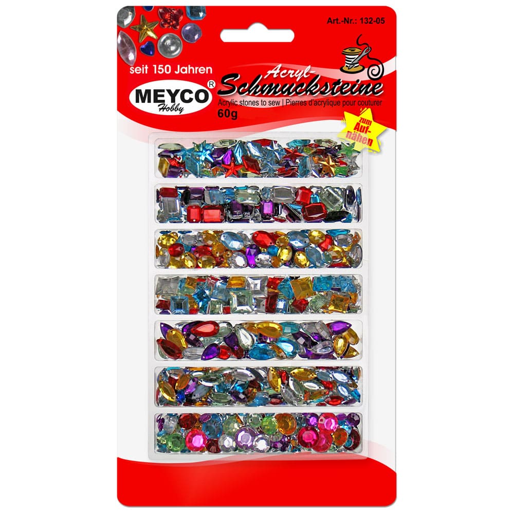 Accesorii creatie, strasuri/pietre acrilice decorative, de cusut, 60 g/set, diferite forme si culori, Meyco