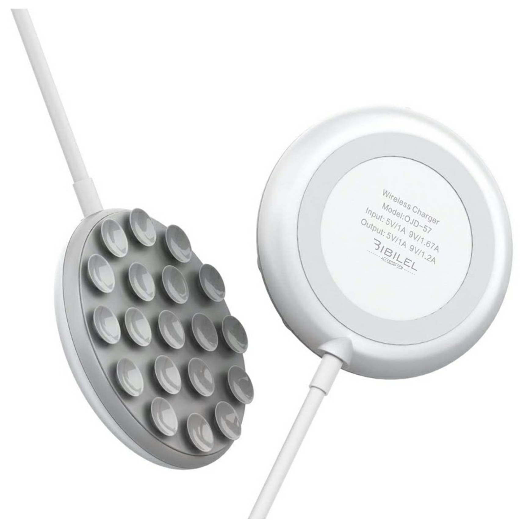 Incarcator wireless cu ventuze de prindere 10 W, Bibilel, cablu inclus, Alb, BBL2181