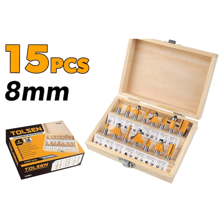 Set freze lemn TOLSEN Industrial 15 piese, tija 8mm, freze drepte, mortezare, colt rotund, romana, sant 45°, coada de randuiala, pentru prelucrare precisa in lemn