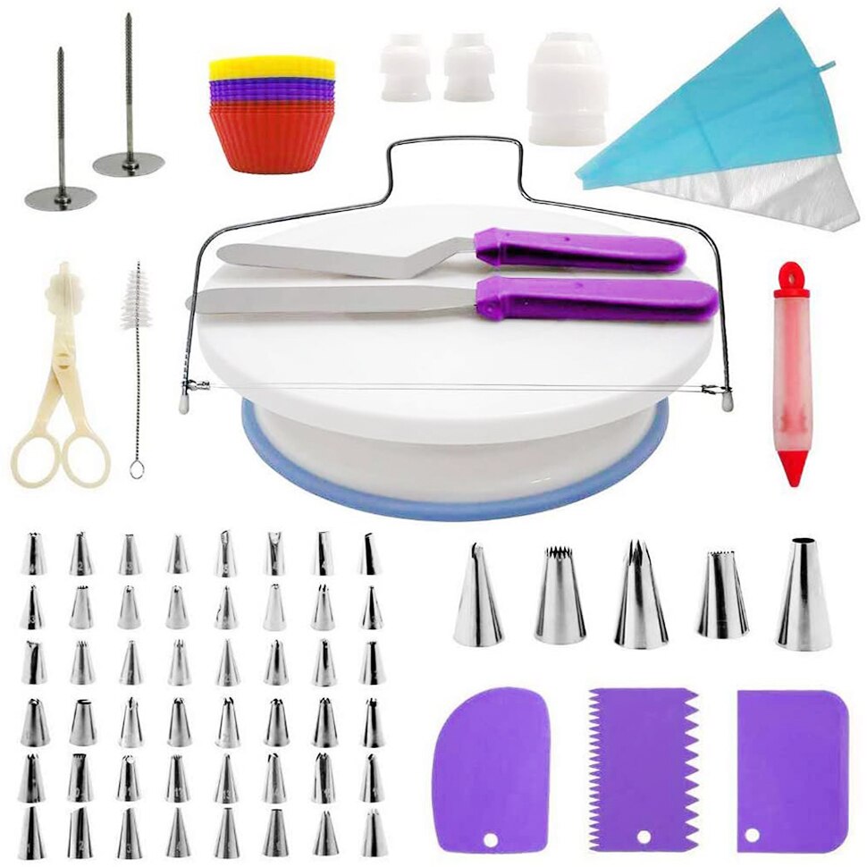 Set de decorare a prajiturilor, Amtok, platou rotativ, spatule pentru gheata, pungi pentru duze, 106 piese, Multicolor