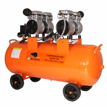 Compresor Bisonte SC024-100, fara ulei, transmisie directa, 230V, 2x1,2CP/2x850W, 336 L/min, 8 Bar, rezervor 100L Compresor Bisonte SC024-100, fara ulei, transmisie directa, 230V, 2x1,2CP/2x850W, 336 L/min, 8 Bar, rezervor 100L