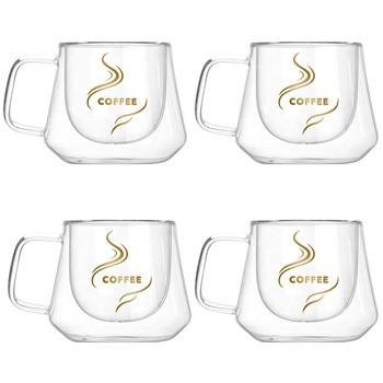 Set 4 cesti cafea 200 ml, din sticla cu pereti dubli, Quasar & Co., termorezistenta, model rotund, mesaj COFFEE Set 4 cesti cafea 200 ml, din sticla cu pereti dubli, Quasar & Co., termorezistenta, model rotund, mesaj COFFEE