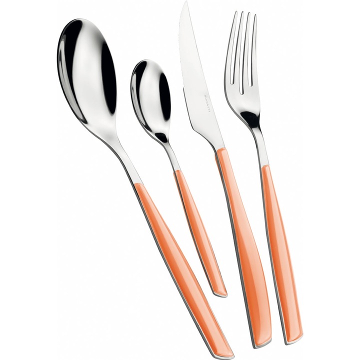 Casa Bugatti Glamour, комплект прибори за хранене от 24 части, за 6 души, модерен, елегантен дизайн, неръждаема стомана, луксозна презентационна кутия, гланцово покритие, пастелно оранжево