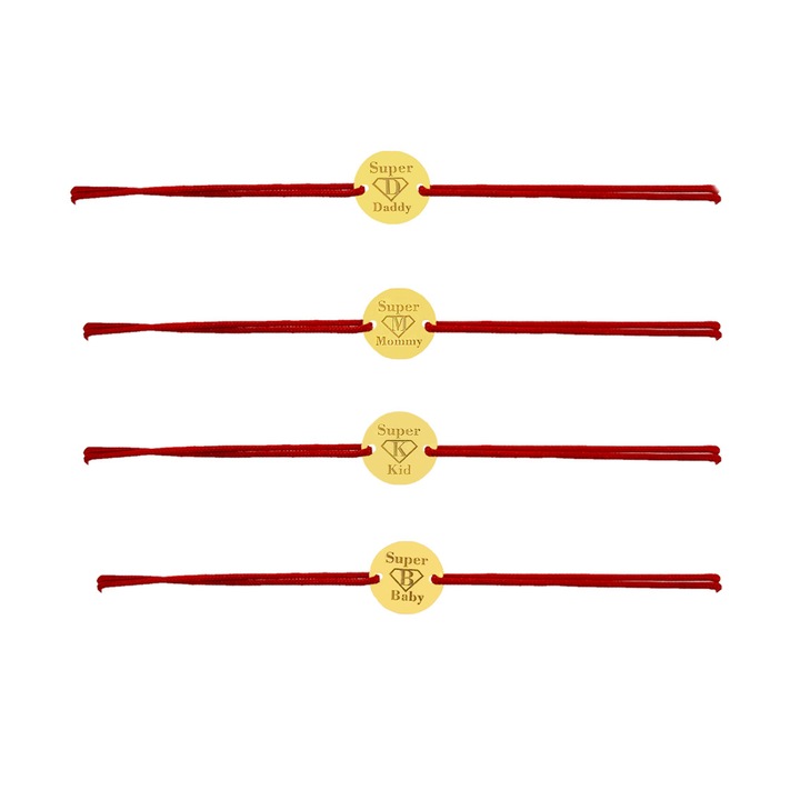 Set 4 bratari din aur masiv 14K, snur reglabil, banuti Super Family – bijuterie GRATA handmade Romania