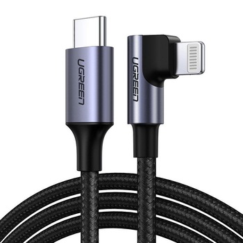 Cablu pentru incarcare si transfer de date UGREEN Elbow US305, USB Type-C/Lightning, certificare MFi, Power Delivery, 3A, 1.5m, Gri Cablu pentru incarcare si transfer de date UGREEN Elbow US305, USB Type-C/Lightning, certificare MFi, Power Delivery, 3A, 1.5m, Gri