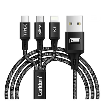 Cablu de date sau incarcare 3 in 1, Reversibil, USB la Lightning, Micro USB, Type-C, ranforsat, Negru, BBL2199 Cablu de date sau incarcare 3 in 1, Reversibil, USB la Lightning, Micro USB, Type-C, ranforsat, Negru, BBL2199