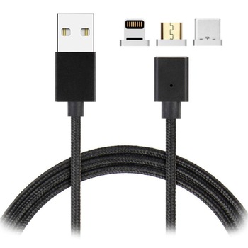 Cablu de date sau incarcare Magnetic 3 in 1, Reversibil, USB la Lightning, Micro USB, Type-C, ranforsat, Negru, BBL2198 Cablu de date sau incarcare Magnetic 3 in 1, Reversibil, USB la Lightning, Micro USB, Type-C, ranforsat, Negru, BBL2198