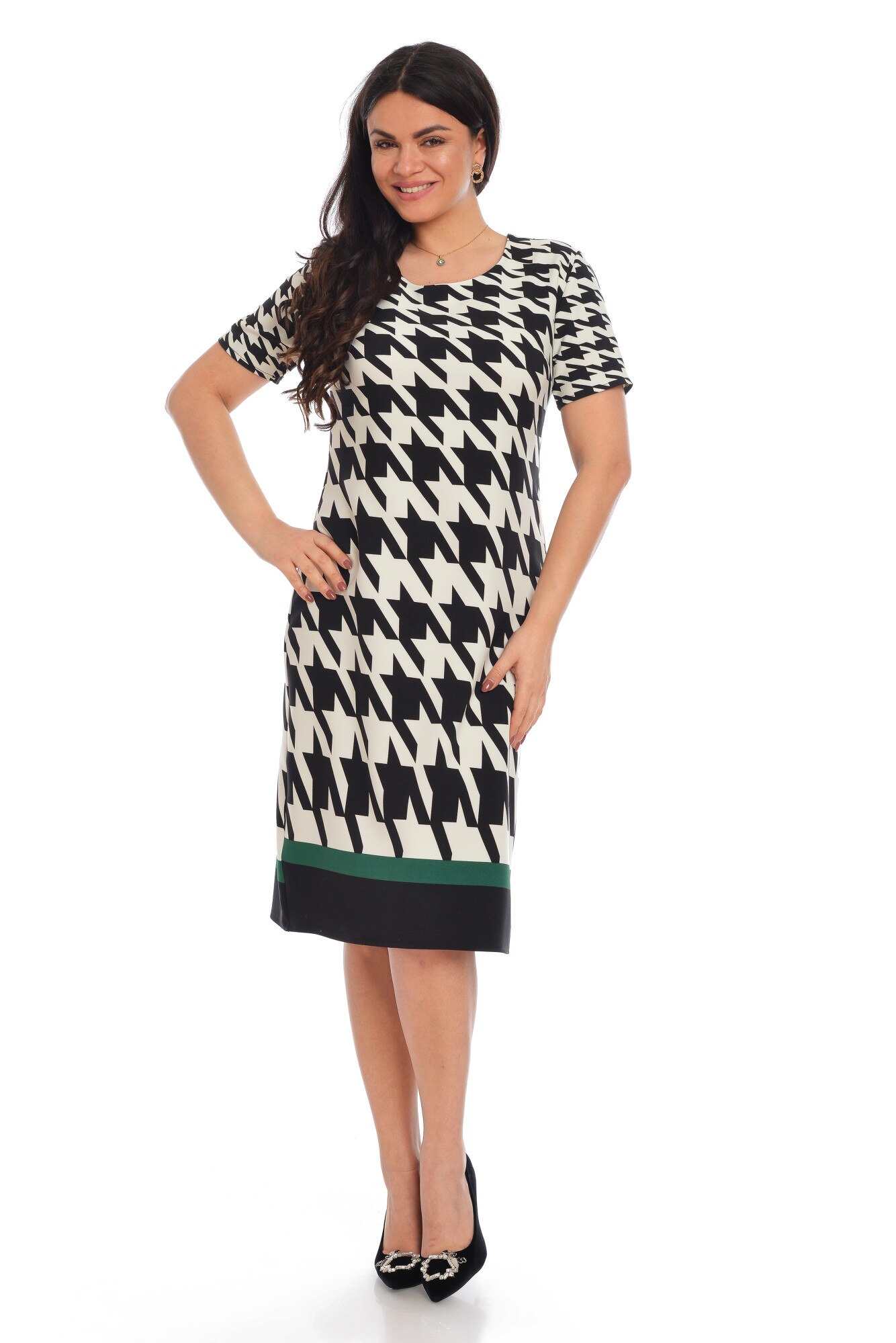 Rochie cu tablou floral, Dress To Impress, Alb/Negru/Verde