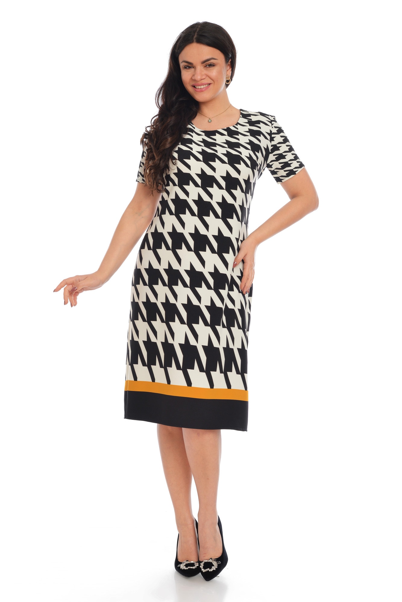 Rochie office dreapta, Dress To Impress, Alb/Negru/Galben