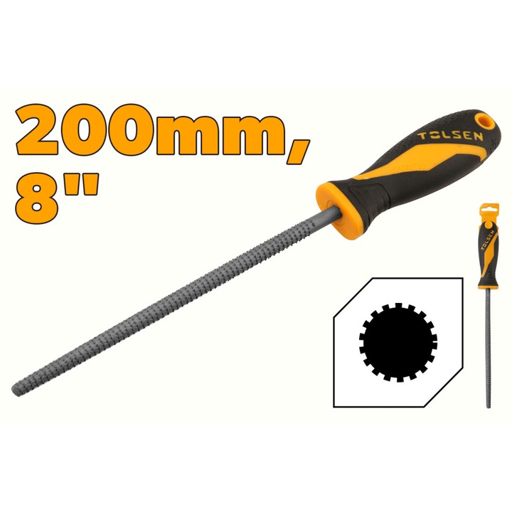 Pila pentru lemn TOLSEN rotunda 200 mm (8 inch), otel carbon #45 tratat termic, forma cilindrica pentru gauri si contururi, maner ergonomic 2 componente antiderapant, finisare precisa, ideala pentru modelare fina si lucrari detaliate in lemn