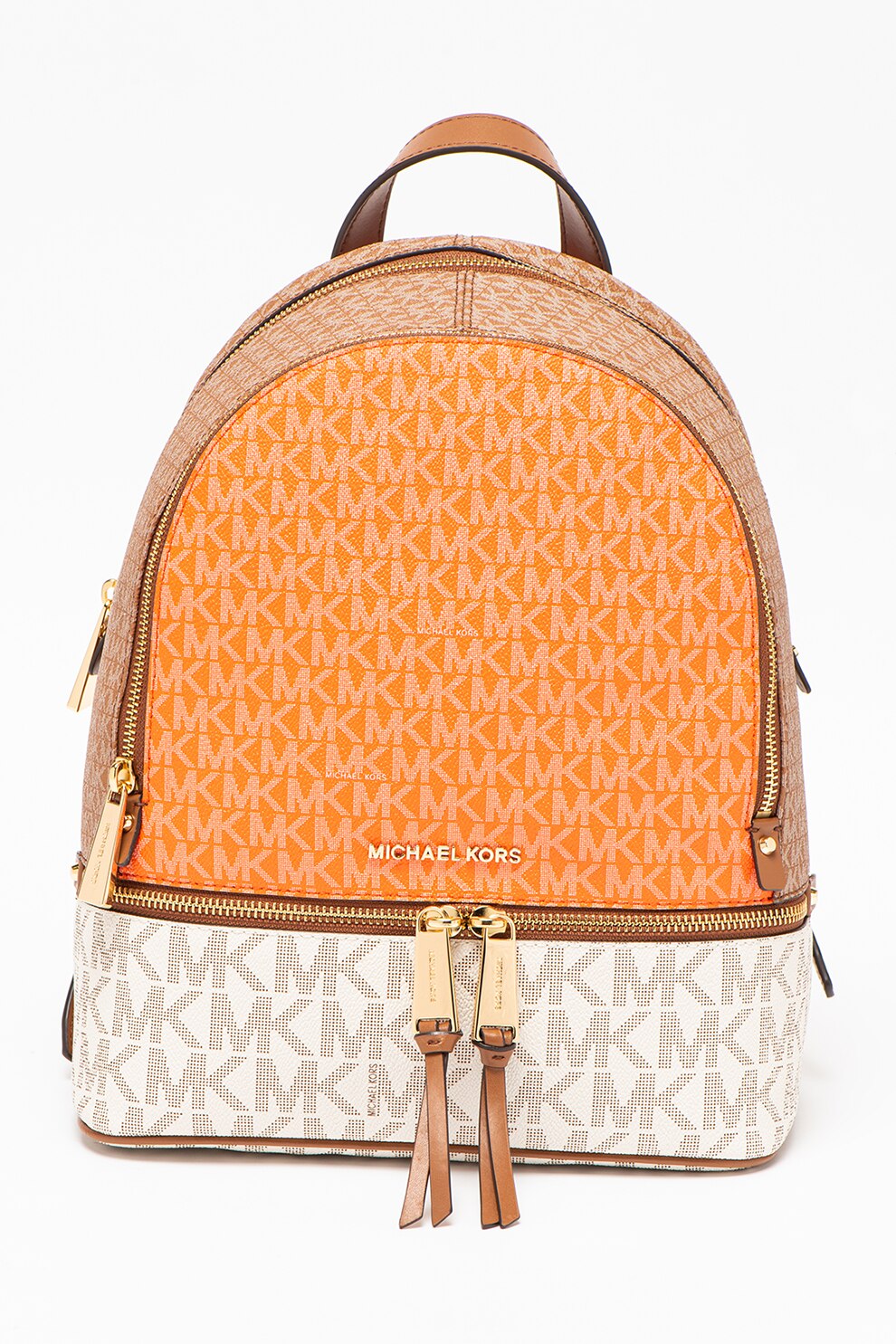 Michael Kors, Rucsac de piele ecologica cu imprimeu cu monograma, Maro inchis/Rosu