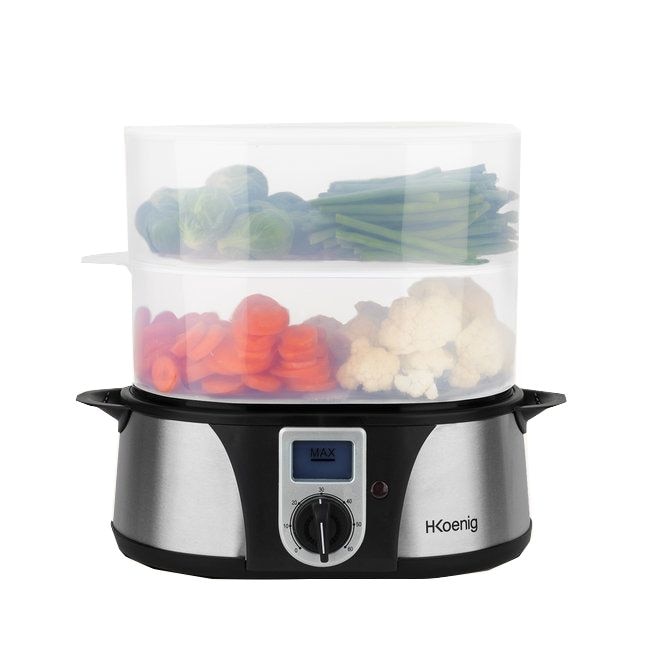 Aparat de gatit cu aburi H.Koenig, VAP10, 1000 W, oprire automata, timer, depozitare compacta, protectie impotriva supraincalzirii, timer 60 min, 3 cosuri, bol orez, 10 l, carcasa din inox, negru