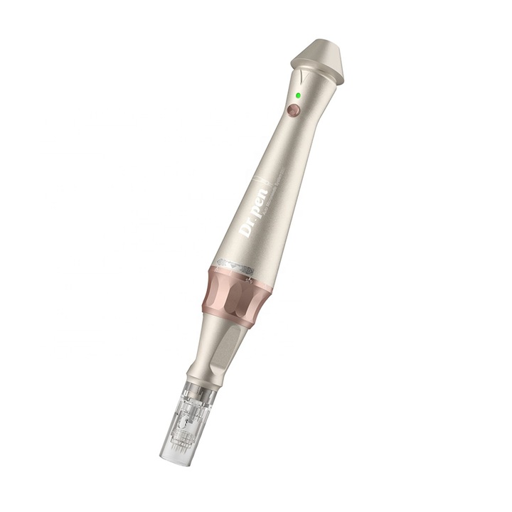 Уред за масаж на лице Dermapen, Dr. Pen Ultima E30, за регенерация на кожата, 2 глави с 12 титаниеви игли, 5 нива на интензитет, златист