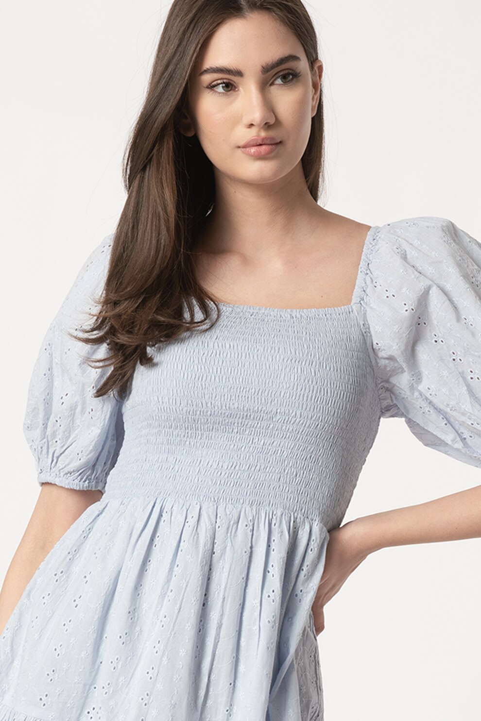 Sisters Point, Rochie cu maneci bufante si broderie Sangallo, Albastru deschis, L