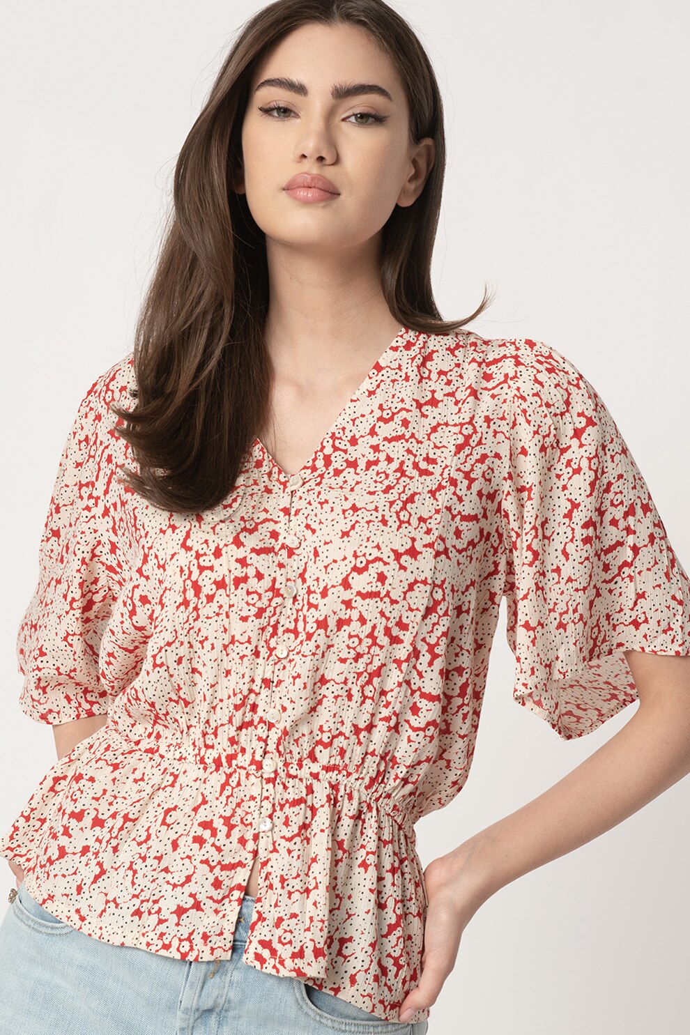 Sisters Point, Bluza vaporoasa cu model floral Ulli, Rosu/Bej deschis