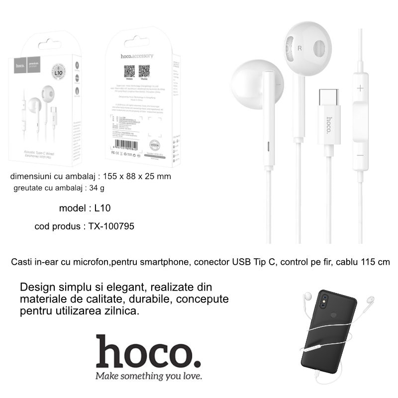 Casti in-ear cu microfon, HOCO L10, pentru smartphone, conector USB Tip C, control pe fir, cablu 115 cm, Alb Alb