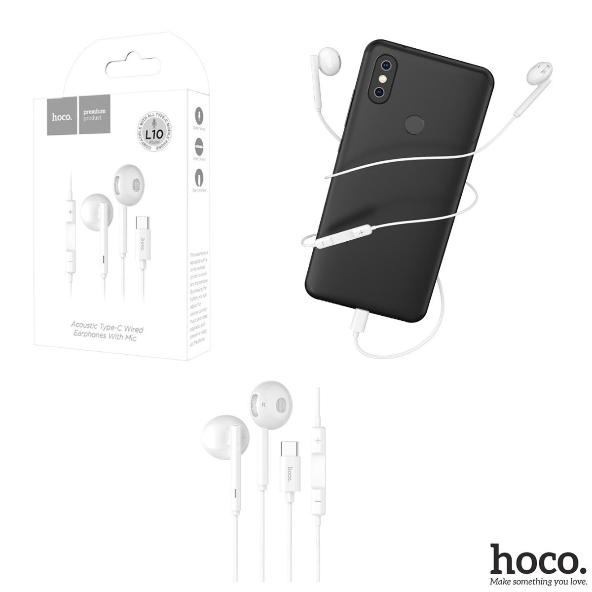 Casti in-ear cu microfon, HOCO L10, pentru smartphone, conector USB Tip C, control pe fir, cablu 115 cm, Alb Alb
