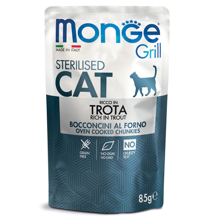 Hrana umeda pentru pisici sterilizate, Monge, Aroma pastrav, 12 buc x 85 g
