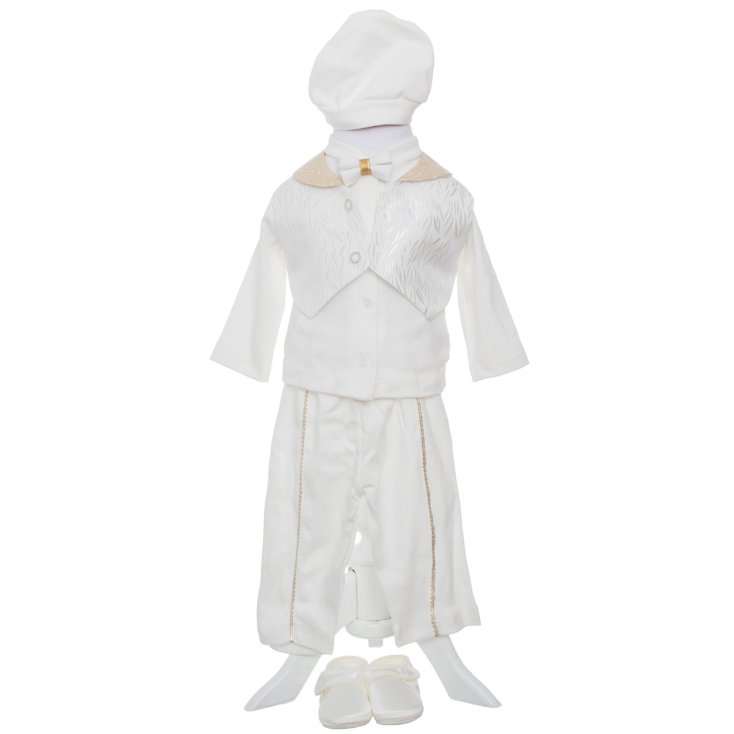 Set Costum Baieti pentru Botez AKU, 7 piese, din Bumbac Natural 100%, culoare Alb, 0-3 luni, AK7421