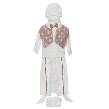 Set Costum Baieti pentru Botez AKU, 7 piese, din Bumbac Natural 100%, culoare Alb/Bej, 0-3 luni, AK7421 Set Costum Baieti pentru Botez AKU, 7 piese, din Bumbac Natural 100%, culoare Alb/Bej, 0-3 luni, AK7421