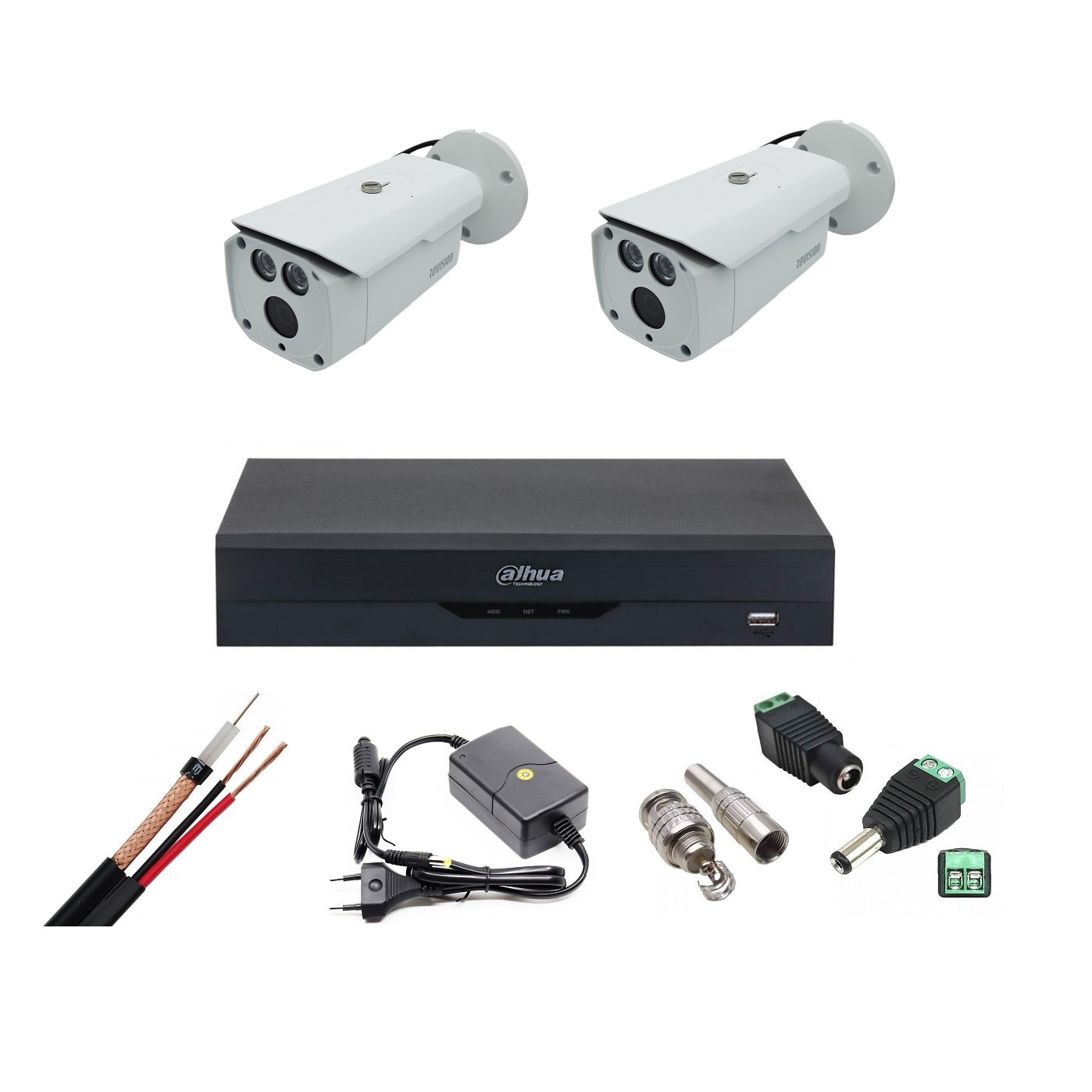 Sistem supraveghere video profesional 2 camere exterior 2MP full hd, 80m vizualizare pe timp de noapte, accesorii montaj, vizualizare telefon