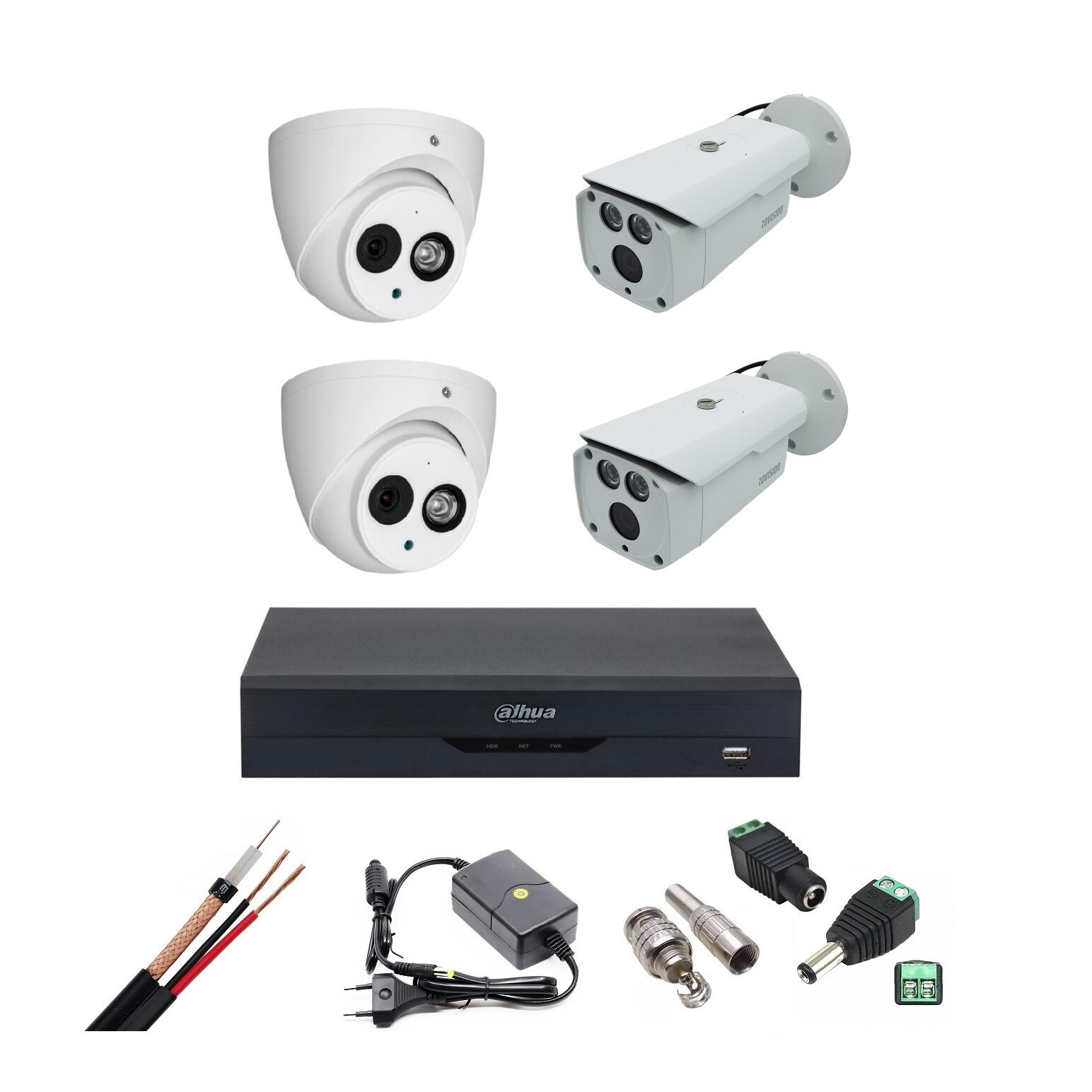 Sistem supraveghere format din 2 camere exterior 2MP IR 80m si 2 camere interior 2MP IR50m, DVR, accesorii montaj, vizualizare telefon