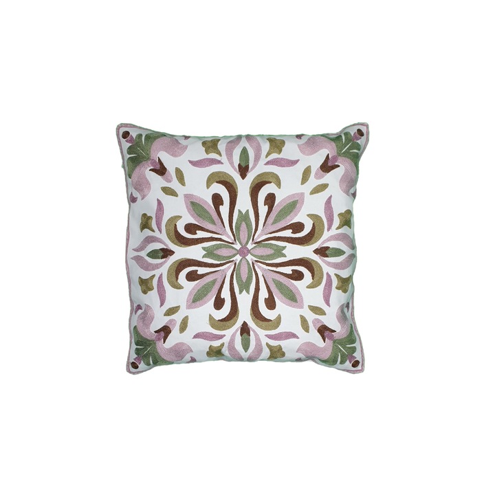 Perna decorativa brodata 43 x 43 cm, Nichita Impex, verde/roz
