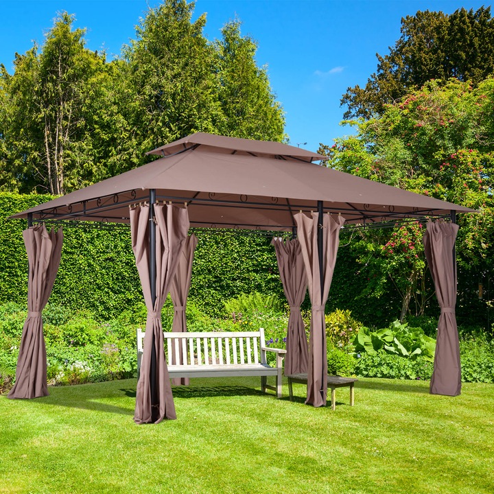 Foisor Outsunny din Otel cu Acoperis Dublu si Perdele Impermeabile, Kaki 4x3m