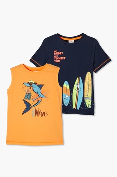s.Oliver, Set de top si tricou cu imprimeu grafic, Galben sofran/Bleumarin, 104-110 CM s.Oliver, Set de top si tricou cu imprimeu grafic, Galben sofran/Bleumarin, 104-110 CM