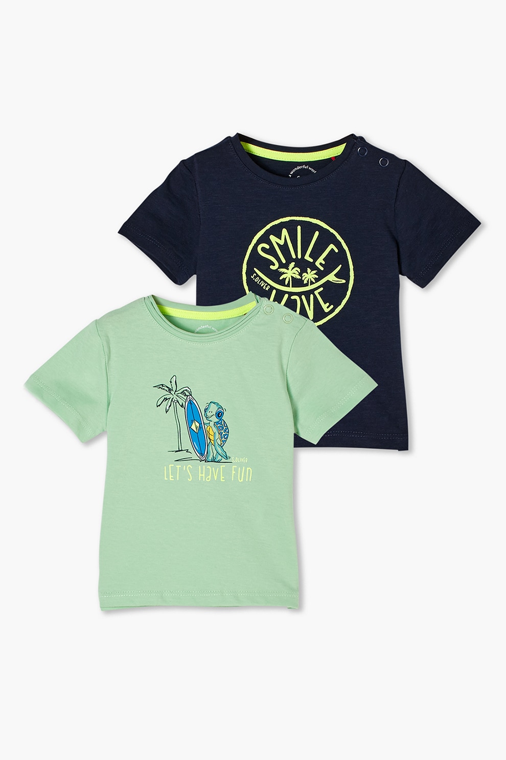 s.Oliver, Set de tricouri din bumbac cu imprimeuri diverse, 2 piese, smile, Bleumarin/Verde pal, 62 CM