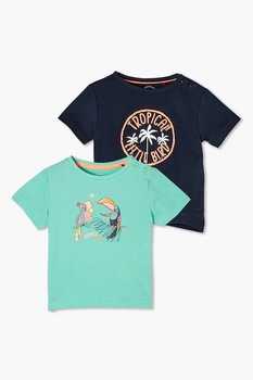 s.Oliver, Set de tricouri din bumbac cu imprimeuri diverse, 2 piese, tropical, Bleumarin/Turcoaz