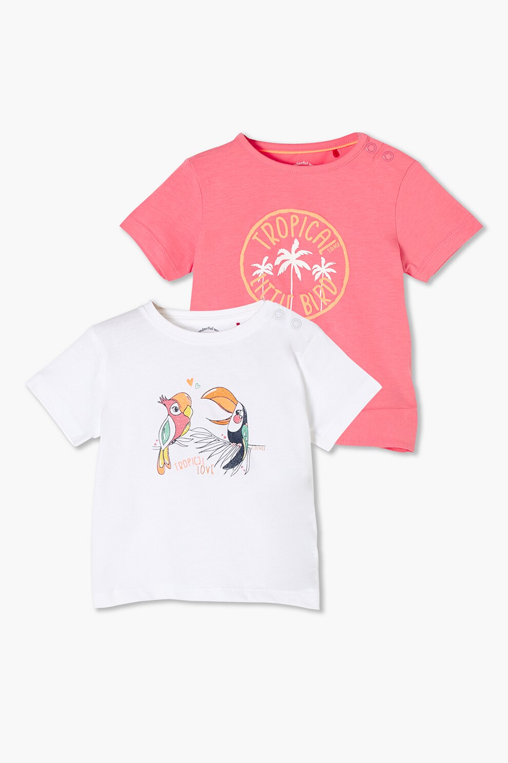 s.Oliver, Set de tricouri din bumbac cu imprimeuri diverse, 2 piese, tropical, Roz/Alb
