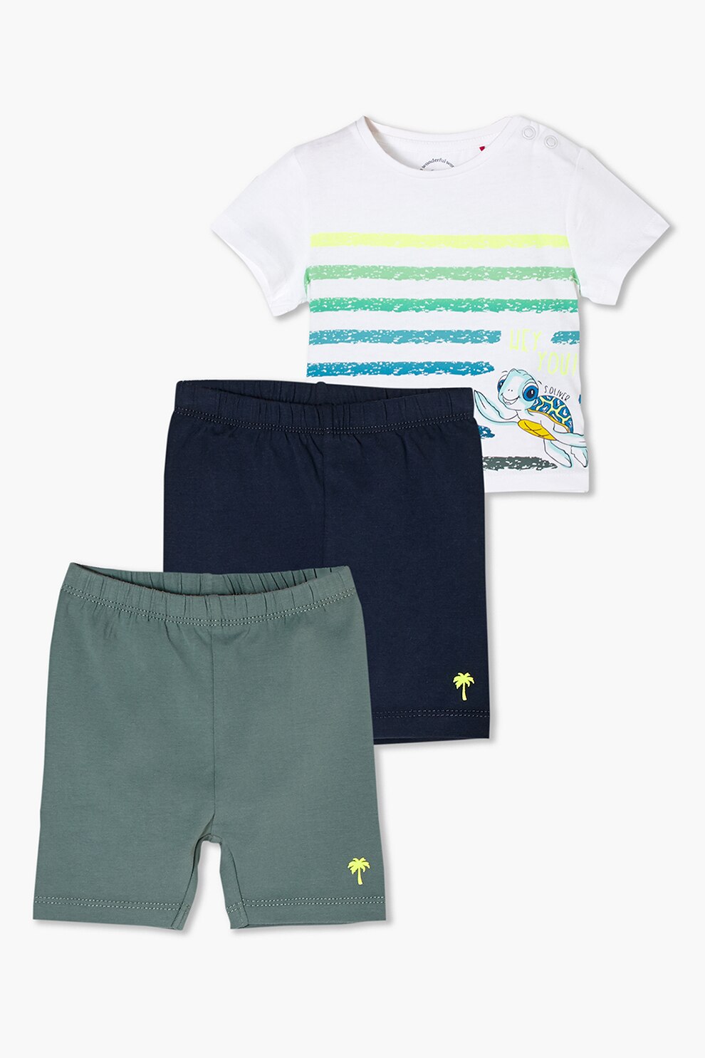 s.Oliver, Set de tricou din jerseu cu imprimeu testoasa si bermude, 3 piese, Alb/Bleumarin/Verde