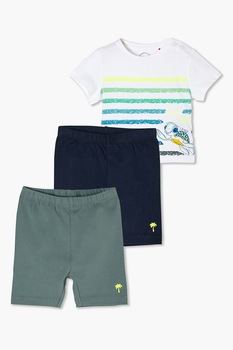s.Oliver, Set de tricou din jerseu cu imprimeu testoasa si bermude, 3 piese, Alb/Bleumarin/Verde s.Oliver, Set de tricou din jerseu cu imprimeu testoasa si bermude, 3 piese, Alb/Bleumarin/Verde