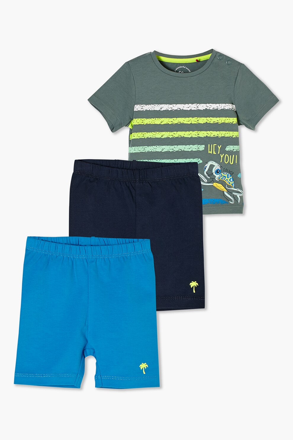 s.Oliver, Set de tricou din jerseu cu imprimeu testoasa si bermude, 3 piese, Verde sparanghel/albastru