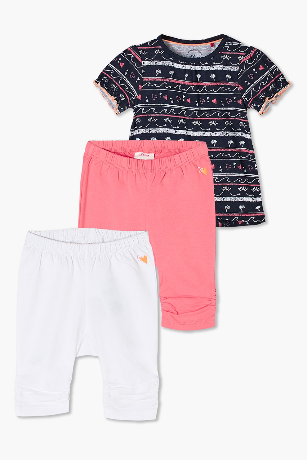 s.Oliver, Set de tricou si bermude din jerseu cu fronseuri, pentru fete, 3 piese, Negru/Roz/Alb