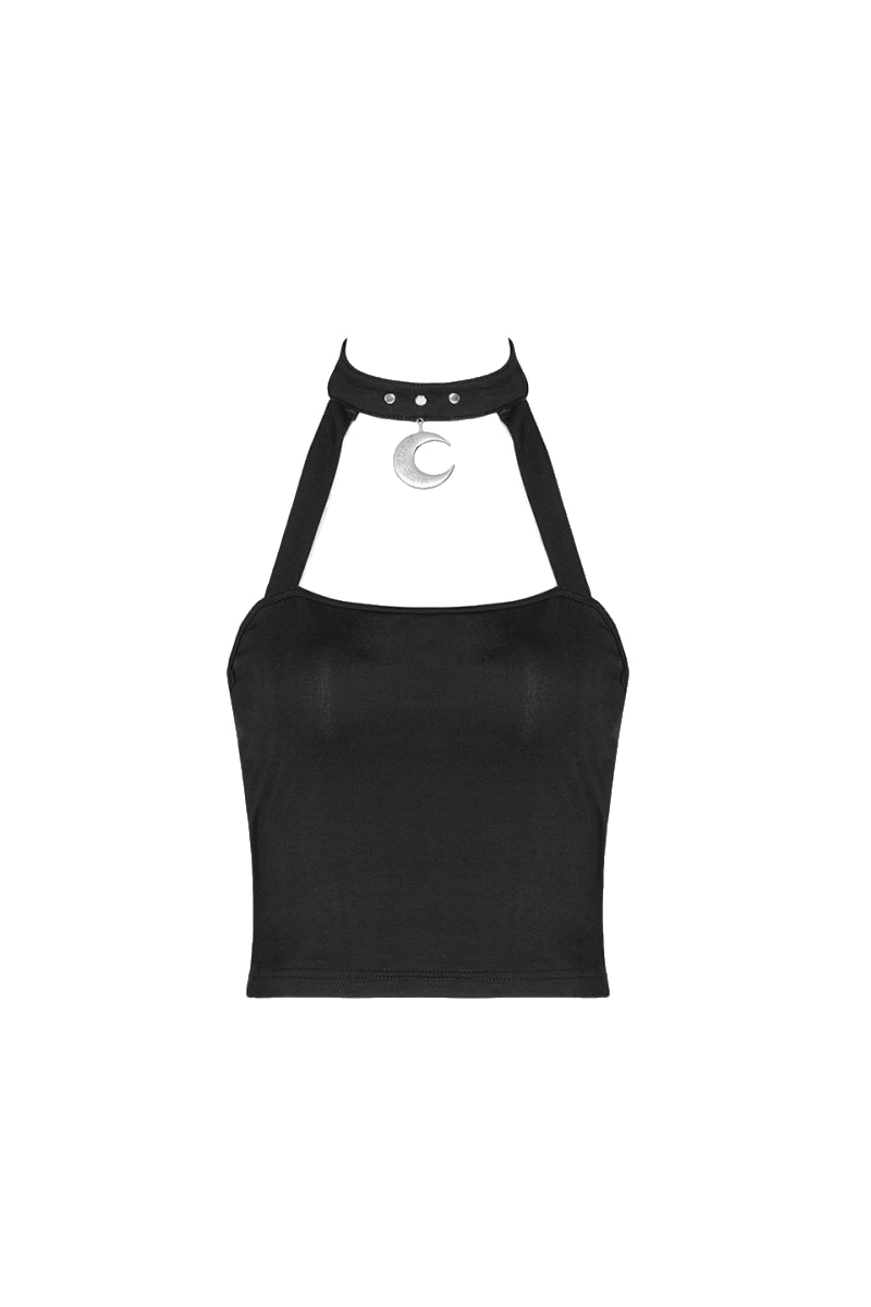 Tricou dama, Punk Rave, Moon Mouse, cu Guler Choker, Accesoriu Semiluna, Negru