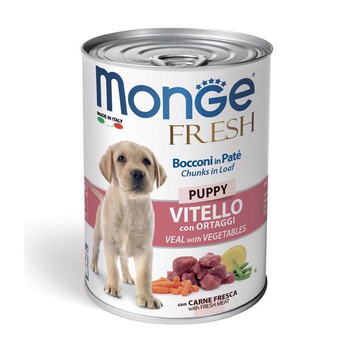 Hrana umeda pentru caini Fresh, Monge, Junior, Pate, Vita cu legume, 12 buc x 400 g