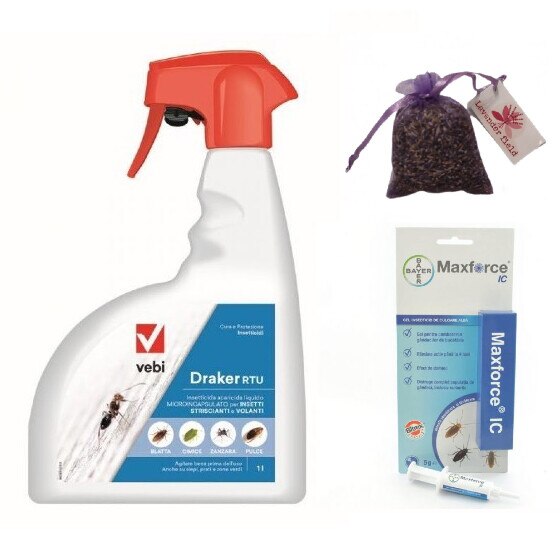 Set insecticide Maxforce gel 5 gr si Draker RTU 1L si Saculet lavanda 10 gr anti insecte, furnici, gandaci de bucatarie, tantari, muste
