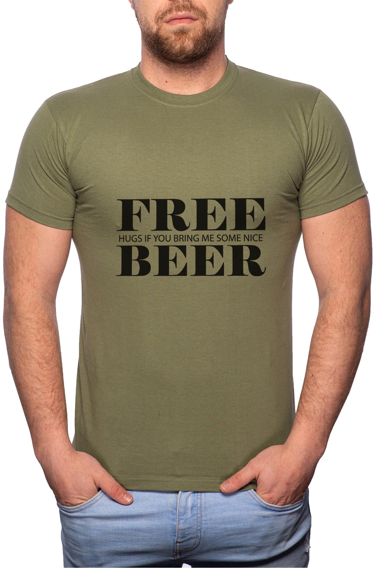 Tricou barbati, Free Beer, 100% Bumbac, GM38, Verde militar