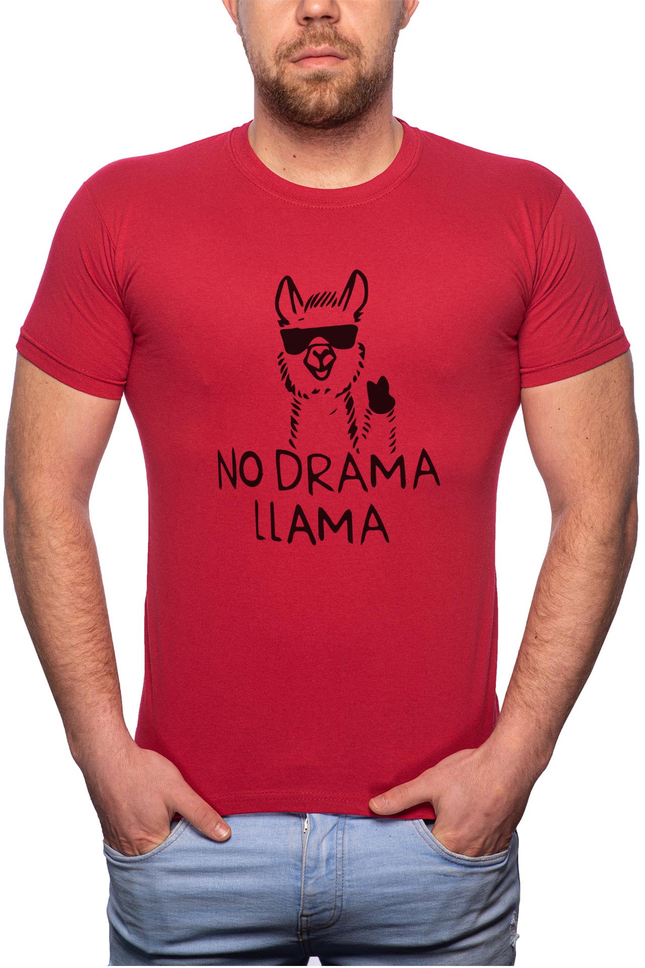 Tricou barbati, No Drama Llama, 100% Bumbac, R51, Rosu Bordeaux