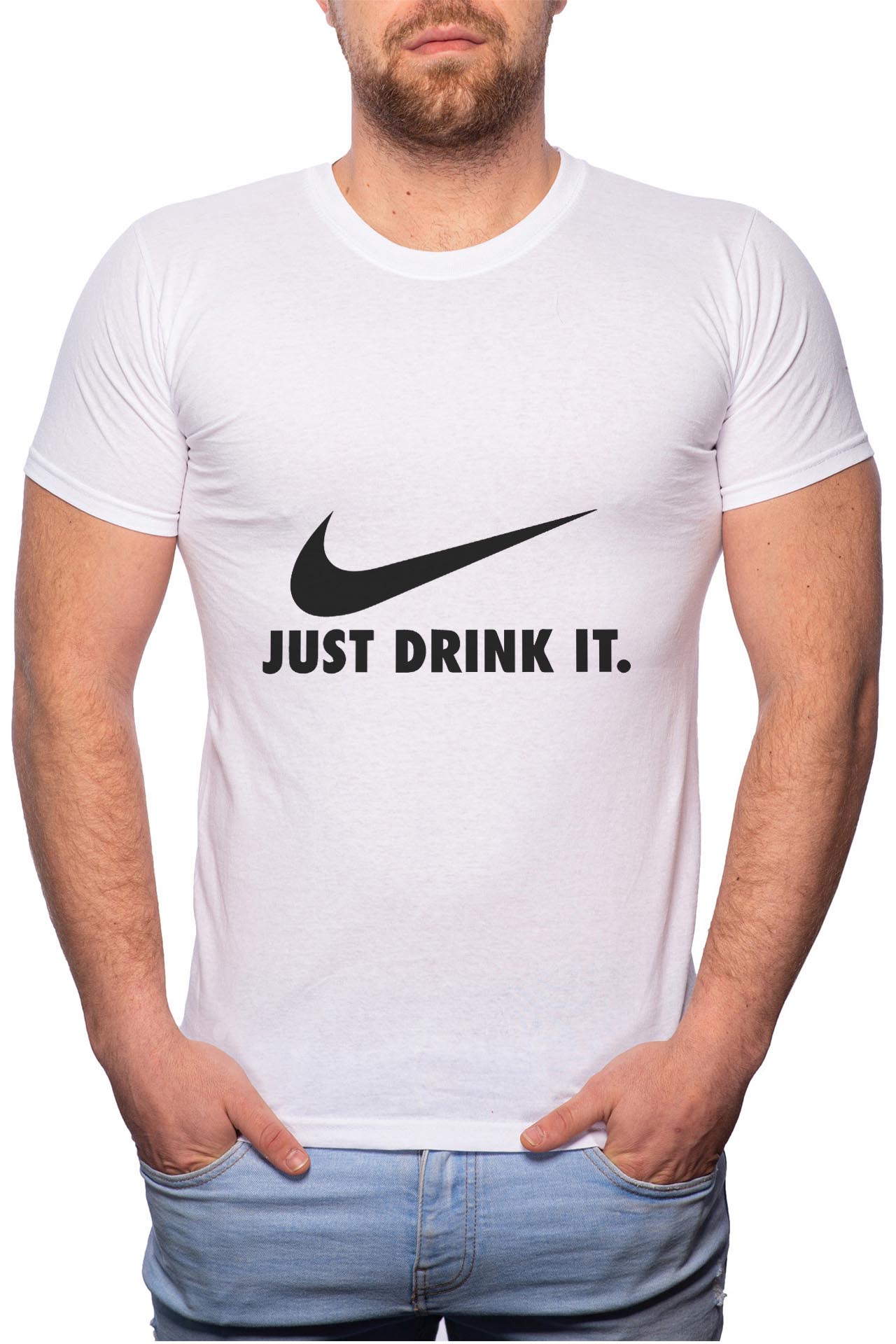 Tricou barbati, Just Drink It, 100% Bumbac, W55, Alb