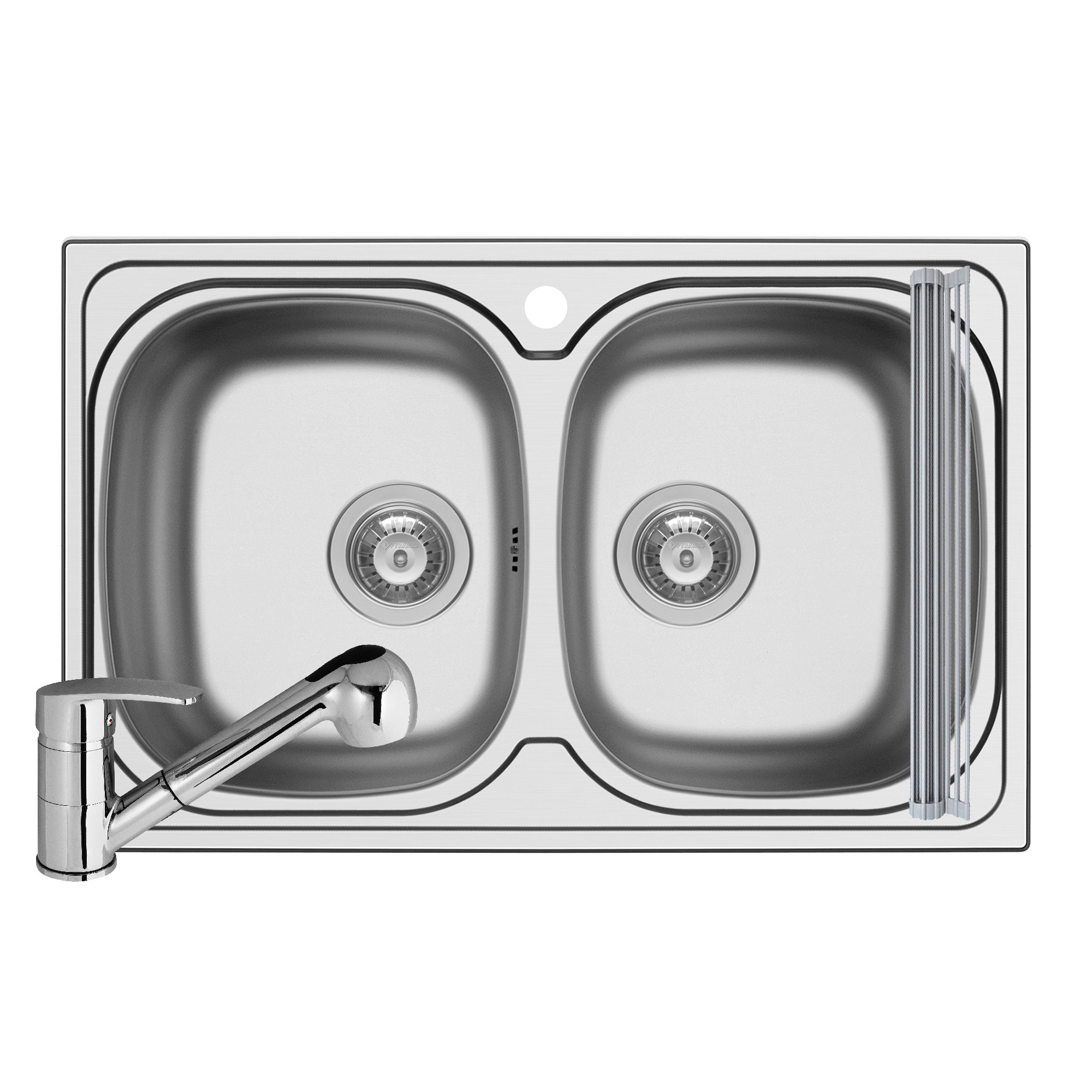 Pachet 3in1 chiuveta inox Pyramis Aurora baterie si ROLL UP 790x500mm 2 cuve adancime 150mm pipa cu dus finisaj lucios