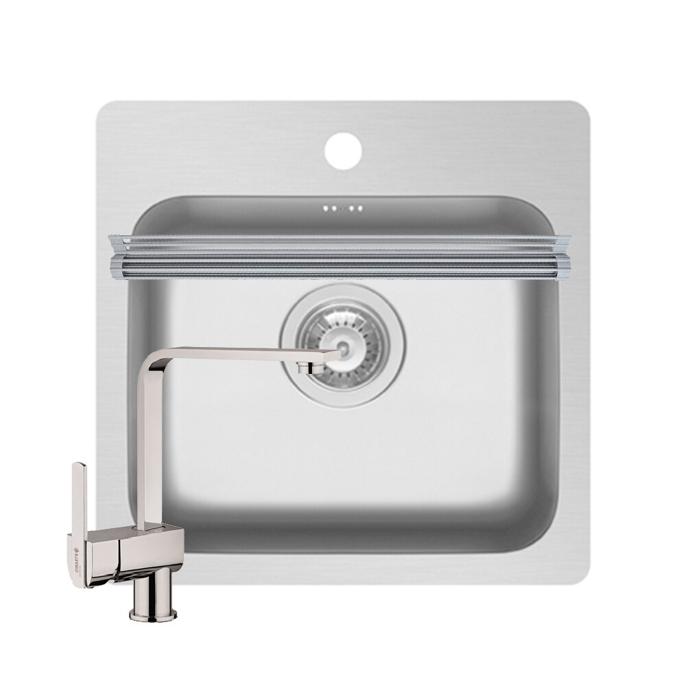 Pachet 3in1 chiuveta inox Pyramis Zeria baterie si ROLL UP 460x500mm 1 cuva adancime 180mm pipa inalta dreapta finisaj lucios