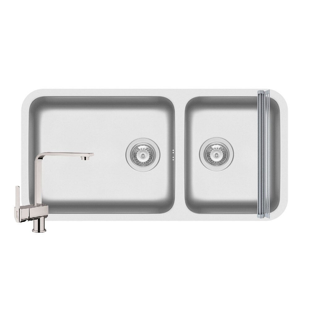 Pachet 3in1 chiuveta inox Pyramis Relia baterie si ROLL UP 910x450mm 2 cuve adancime 180mm pipa inalta dreapta finisaj lucios