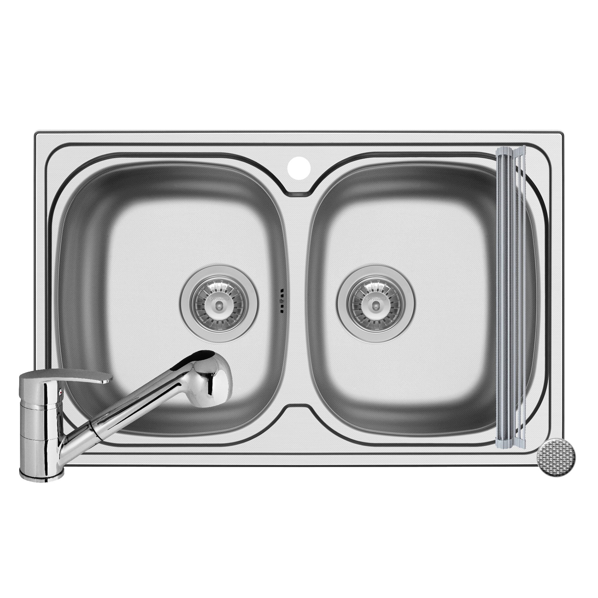 Pachet 3in1 chiuveta inox Pyramis Aurora baterie si ROLL UP 790x500mm 2 cuve adancime 150mm pipa cu dus finisaj texturat