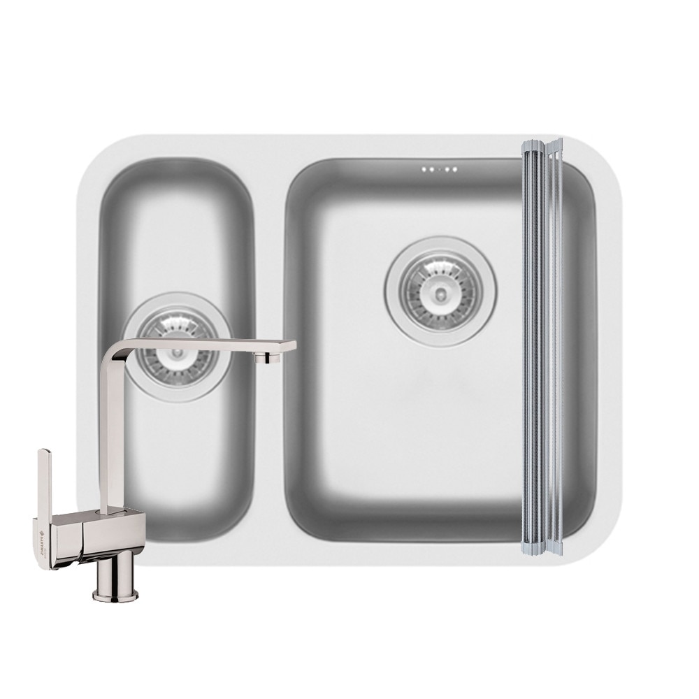 Pachet 3in1 chiuveta inox Pyramis Relia baterie si ROLL UP 570x450mm 2 cuve orientare dreapta adancime 180mm pipa inalta dreapta finisaj lucios