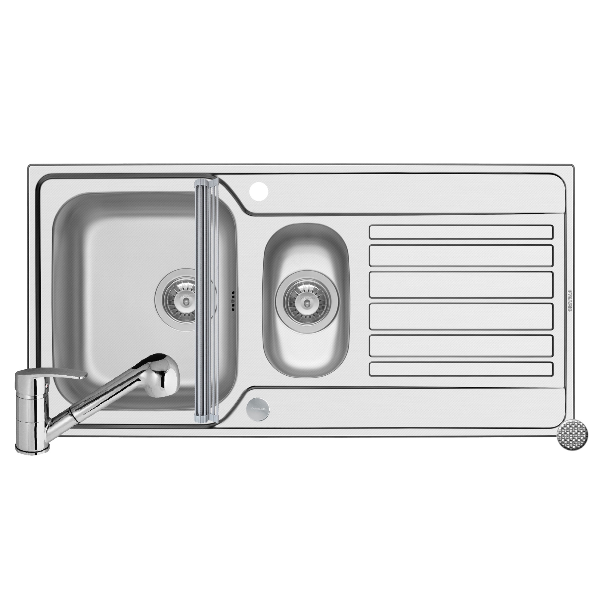 Pachet 3in1 chiuveta inox Pyramis Fedra baterie si ROLL UP 1000x500mm 2 cuve si picurator adancime 180mm pipa cu dus finisaj texturat