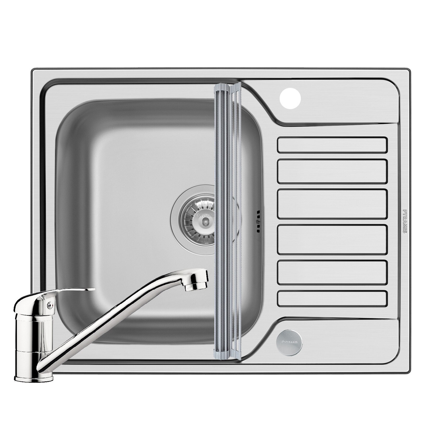 Pachet 3in1 chiuveta inox Pyramis Fedra baterie si ROLL UP 620x500mm 1 cuva si picurator adancime 180mm pipa standard finisaj lucios